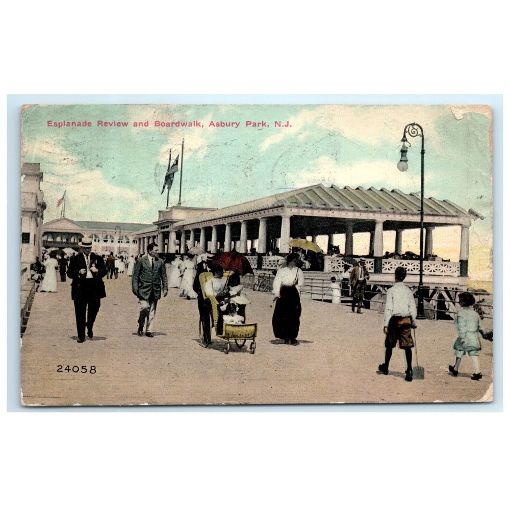 VTG Postcard Asbury Park New Jersey NJ Esplanade Review Boardwalk 1910 Posted